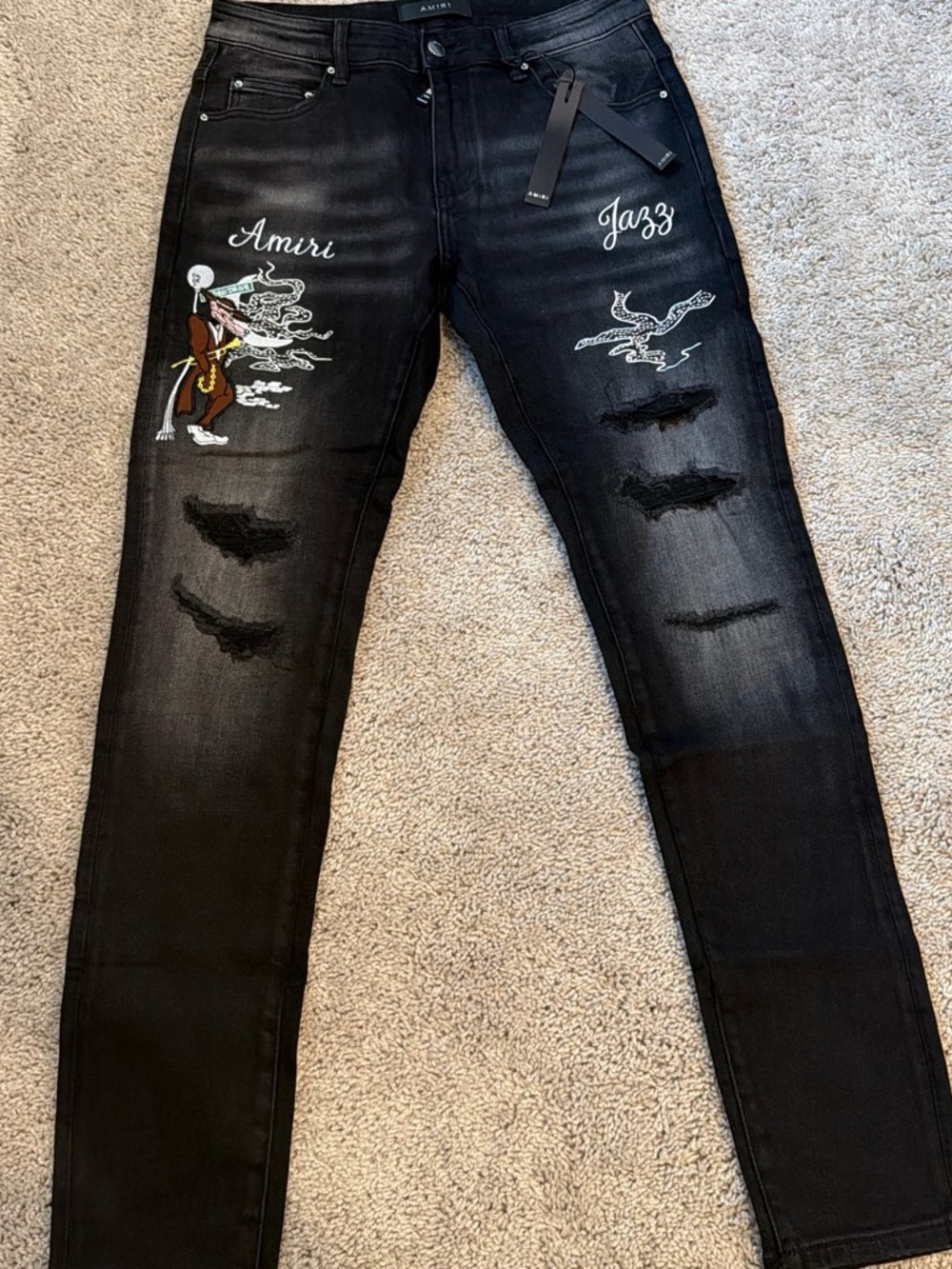 AMIRI Black Embroidered & Distressed Skinny Jeans